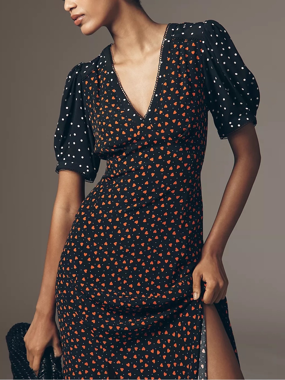 Anthropologie Maeve V-Neck A-Line Maxi Dress Black Polka Dot Hearts Puff Sleeves - Picture 2 of 8